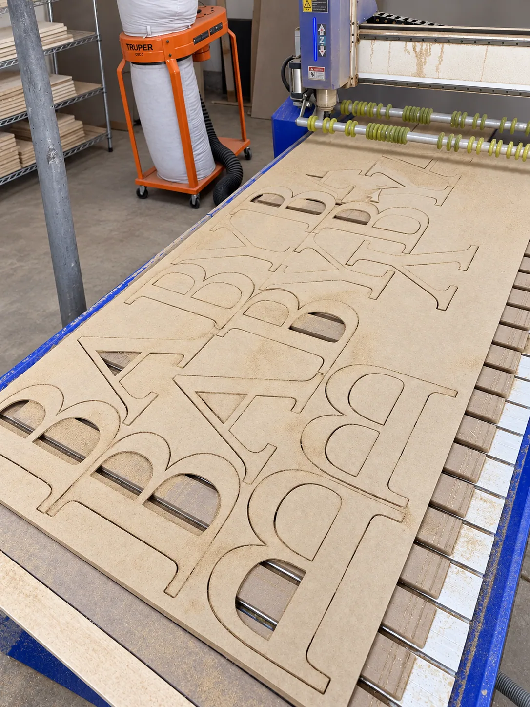 Letras de MDF recién cortadas en el router CNC, sobre la mesa de vacío